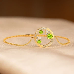 Natural Peridot & Diamond Bracelet 14K Solid Gold – August Birthstone # 1010 - Picture 1 of 22