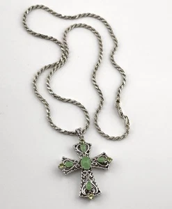Estate. Jadeite & Peridot Large Cross Pendant Necklace 925 Sterling Silver 19” - Picture 1 of 9