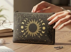 Celestial Canvas Zipper Pouch 9" x 7" Sun & Moon Design Black & Gold - Picture 1 of 8