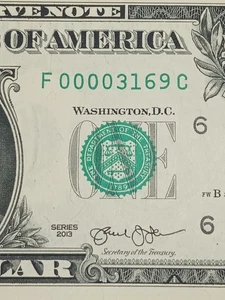 2013 $1 F ATLANTA BEP F-C BLOCK LOW SERIAL NUMBER 4 ZEROS IN FRONT (F00003169C) - Picture 1 of 8
