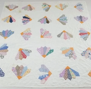 Vintage Feed Sack Handmade Grandmother's Fan Pattern Quilt 187x185cm - Picture 1 of 14