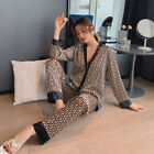Pajamas Set Silk Satin Long Sleeve Sleepwear Print Button Up Loungewear Womens