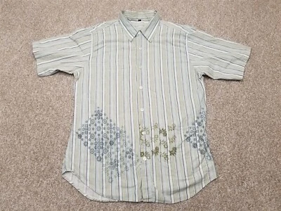 Dragonfly Shirt Mens Large Button Up Blue Stripe w Embroidered and Print accents - Image 1 of 4