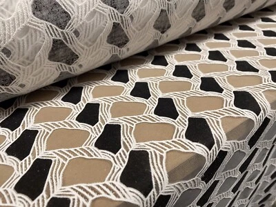 Embroidered Organza Burnout Fabric, Per Metre - Geometric Pattern - Black White - Image 1 of 4