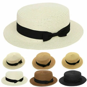 Women Straw Bowler Boater Flat Cap Summer Wide Brim Beach Holiday Sun Visor Hat - Picture 1 of 14