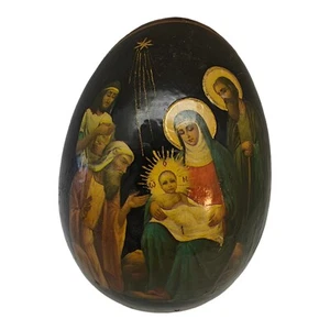 Vintage Russian Hand Painted Black Lacquer Christmas Egg Nativity READ! - Picture 1 of 12