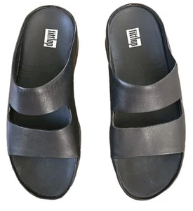 FitFlop Women's SHUV Two-BAR Leather Slides Platform Sandals Stone Black Size 6 - Picture 1 of 5