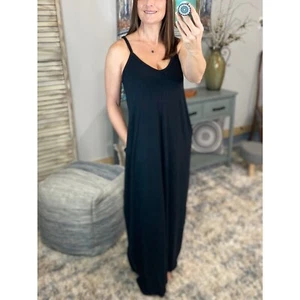 Sexy V Neck Maxi Dress Pockets Adjustable Spaghetti Straps Summer Long Black - Picture 1 of 11