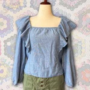 J Crew Chambray Pinafore Ruffle Square Neck Long Sleeve Cotton Blouse Size L - Picture 1 of 11
