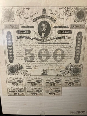 1863 $500 Confederate States 8% Bond C.G. Memminger  Type 133 (7) $20 Coupons - Image 1 of 3