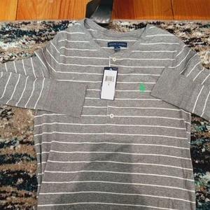 Camisa Ralph Lauren Para Hombre Gris Rayas Henley Manga Larga Talla L - Imagen 1 de 3