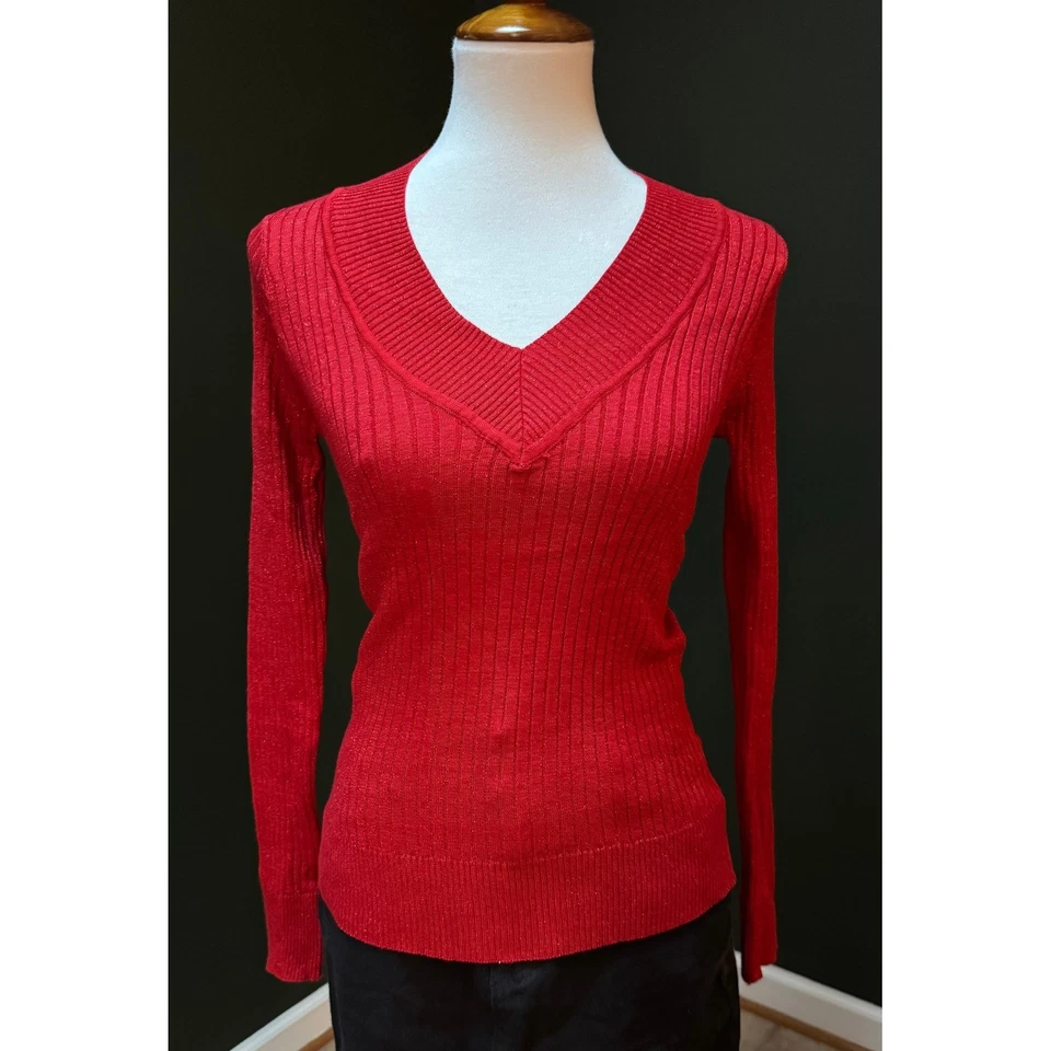 Y2K l.e.i. Top tejido acanalado manga larga cuello en V rojo metálico para mujer talla XL Foto 1 de 4