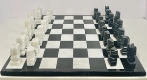 Vintage Mexican Aztec Onyx & Marble Hand Carved Chess & Checkers Set Board 13.5” - Picture 1 of 22