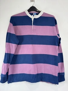 Boden Rugby Polo Shirt Men Large Blue Pink Grandad Collar Long Sleeve Cotton - Picture 1 of 9