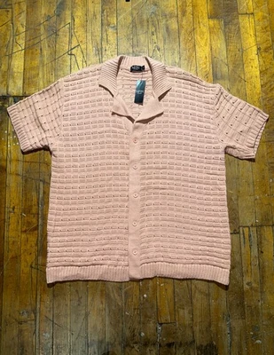 Рубашка мужская Boohoo большая розовая акриловая вязаная с открытым швом с воротником на пуговицах - Изображение 1 из 4