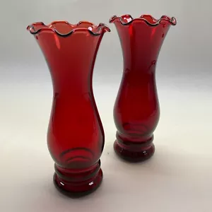 Anchor Hocking Royal Ruby Flower Vases - Ruffled Rim Vintage - Set of 2 - Picture 1 of 4