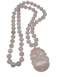 Chinese Rose Quartz Hand Knotted Mala Lotus Design Necklace 28" Vintage - Picture 1 of 17