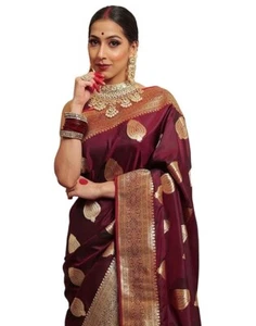 SAREE BLOUSE INDIAN NEW SARI PAKISTANI WEDDING DESIGNER BOLLYWOOD WINE - Picture 1 of 7