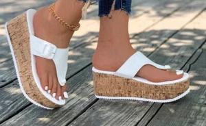 Women New Summer Thick-Soled Wedge Heel Flip-Flops With Toe Clip - Picture 1 of 2