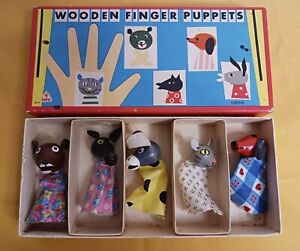 Vintage Wooden Finger Puppets Lot Of Five In Original Box By Tofa