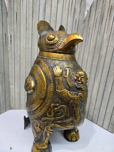 11.8" Spring Autumn Period Bronze Ware Fengshui owl Bird Zun Wine Vessel - Picture 1 of 5
