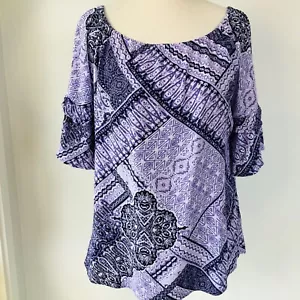 Crossroads Peasant Top Size 10 Purple Floral Short Ruffle Sleeve Boho - Picture 1 of 7