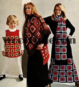 Häkelmuster Oma quadratischer Damenrock/Schal/Tasche/Poncho. Mädchen Tunika Kleid - Bild 1 von 1