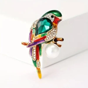 18K Yellow Gold Plated Enamel Parrot Brooch with Crystal Accents and Faux Pearl - Picture 1 of 4