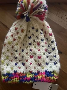 NEU Nordstrom BP gewebte elfenbeinfarbene Beanie mit bunten Nähten und Bommel - Bild 1 von 4
