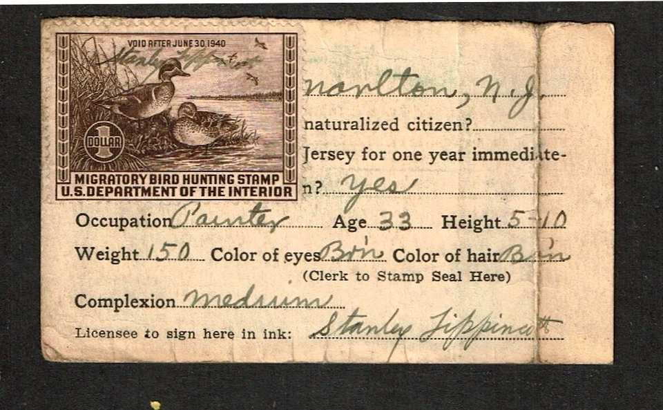 1939  U.S DUCK STAMP $1.00 Brn TEALS  ON LICENSE Sc#RW6 Scarce See Note - Image 1 of 2