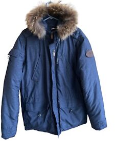 Pelle Pelle Hooded Fur Trimmed XL Men’s Jacket Blue Lots Of Pockets Inside/out