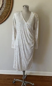 Vintage 90s Oleg Cassini White Sequin Rouched Midi Dress Woman's M/L - Picture 1 of 9