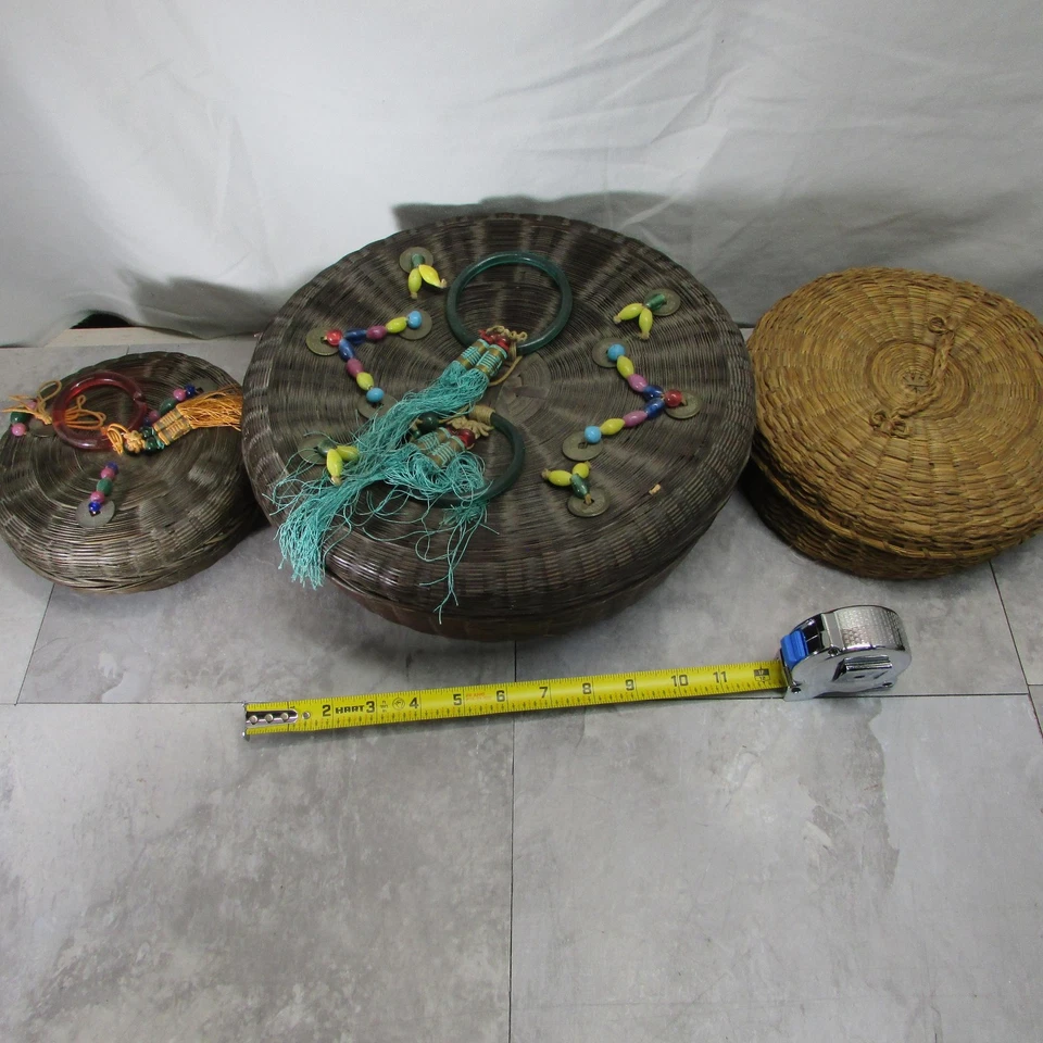 Round Woven Rattan Wicker Lidded Baskets Set Beaded Tassels Asian Decor Lot of 3 - Image 1 of 4