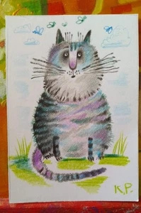 ACEO cat watercolor by the author original 3,5"х2,5" 9x6cm not print - Picture 1 of 1
