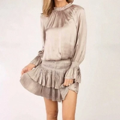 Nuevo con etiquetas Mini Vestido Current Air Plisado Satén Niveles Champagne Mangas Largas Volantes XS Foto 1 de 4