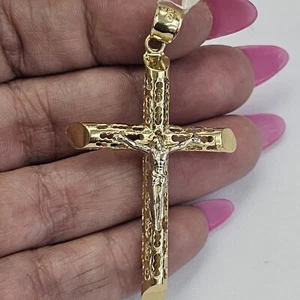 Big 10k yellow White gold Jesus crucifix tube cross pendant charm 2.25 inch long - Picture 1 of 10