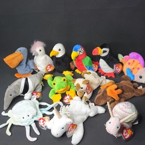 Ty Beanie Babys Menge 13 Kakadu Einhorn Ameisenbär Schnecke Elch Papagei  - Bild 1 von 15
