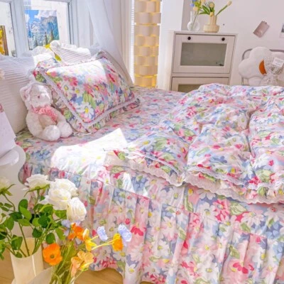 Dulce Floral Volantes Pastoral Cama Falda Colcha Sábana Cubierta Habitación Cama Decoración Foto 1 de 4
