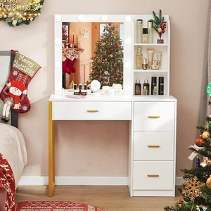 Makeup Vanity Desk with Mirror Lights 4 Drawers Charging Station Storage Shelves - Picture 1 of 7
