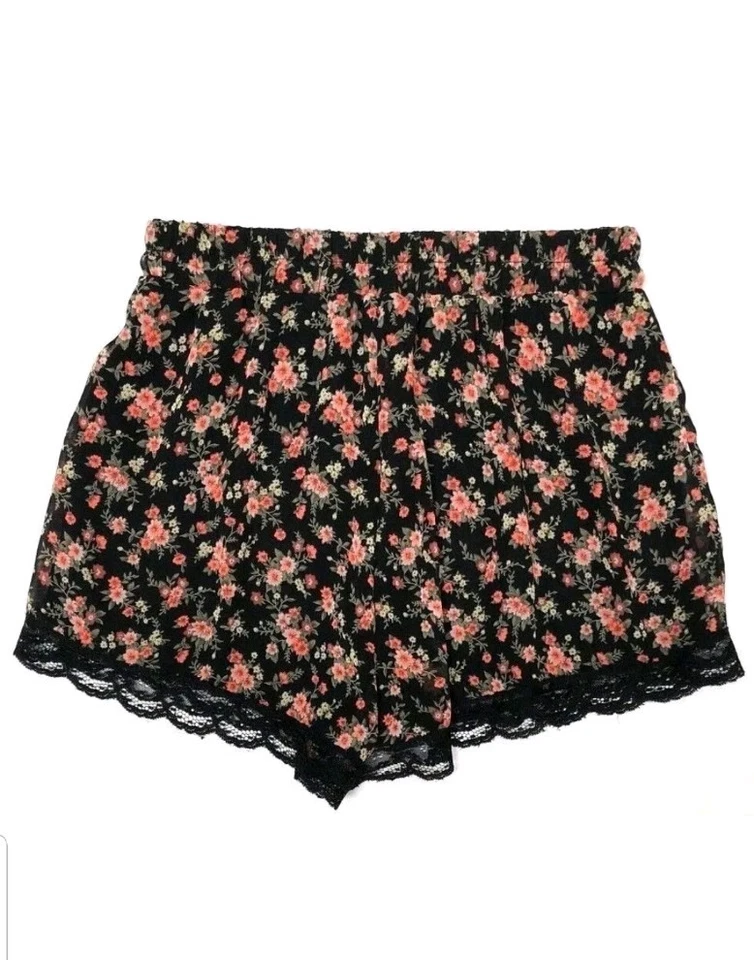 Pantalones Cortos Exuberantes Para Mujer Medianos Rosa Negro Floral Ribete de Encaje Cintura Elástica Foto 1 de 4