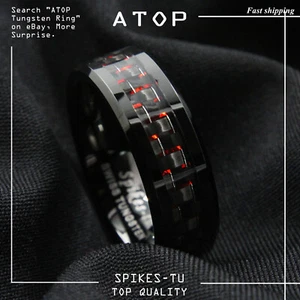 Men Tungsten Ring with Carbon Fiber 8mm Black and red Wedding Band ATOP jewelry - Picture 1 of 8