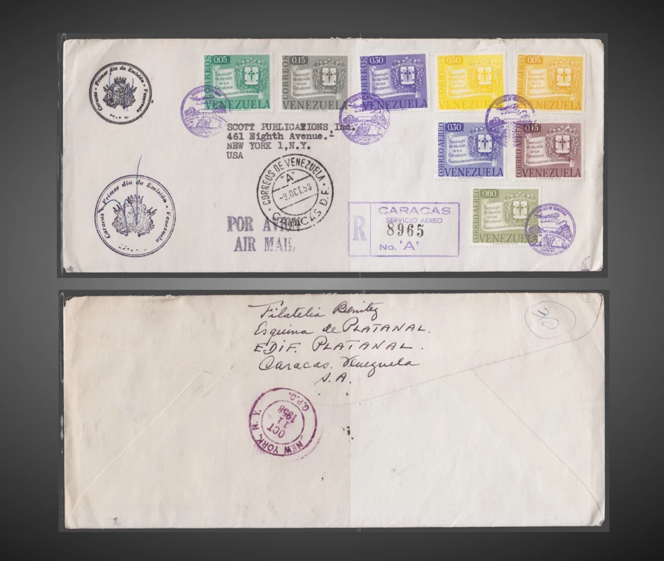 1958 VENEZUELA REGISTRADA FDC SANTIAGO DE MÉRIDA ENVIADO A SCOTT FILATELICS Foto 1 de 1