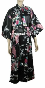 Elegant Peacock Design Silk Satin Kimono Robe Sleepwear Long w/ Waist Tie, Black - Picture 1 of 3