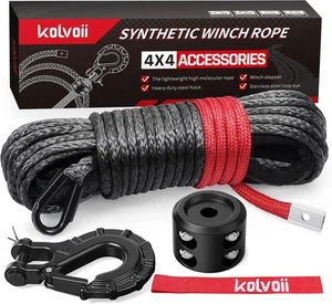 Kit de cuerda de cabrestante sintético Kolvoii, 1/4" x 50 pies, cuerda gris, gancho negro - Imagen 1 de 8