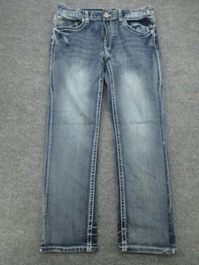 True Luck Jeans Mens 36x32 Blue Straight Leg Distressed Denim Contrast Stitching - Picture 1 of 14