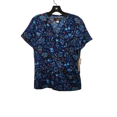 Koi Basics Leslie Medical Scrub Top M Blue Medical Print 4192 - Image 1 of 4