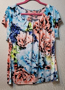 Worthington 2X Pink Blue Floral Scoop Neck Stretch Knit Jersey Blouse Shirt - Picture 1 of 5