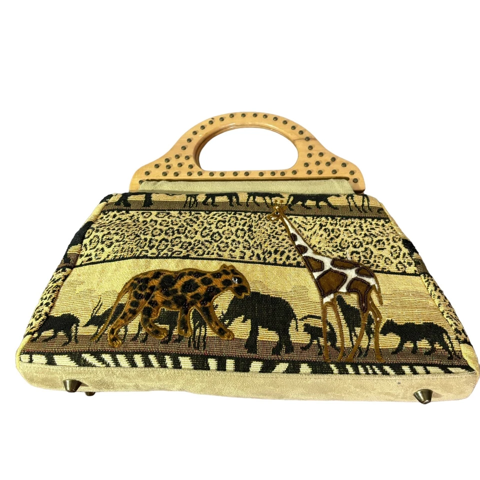 Bolso Jacquard Tapiz Vintage Tema Safari Animales Salvajes Asas de Madera Tachonado Foto 1 de 4