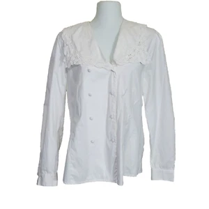 Vintage Laura Ashley White Blouse 12 Top Cotton Lace Double Breasted Collar - Picture 1 of 14