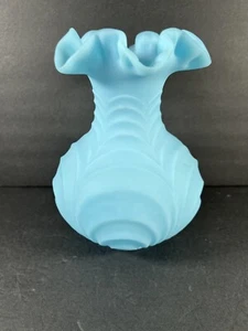 Vintage Fenton Blue Satin Glass Drapery Vase Fluted Rim 8" - Picture 1 of 3